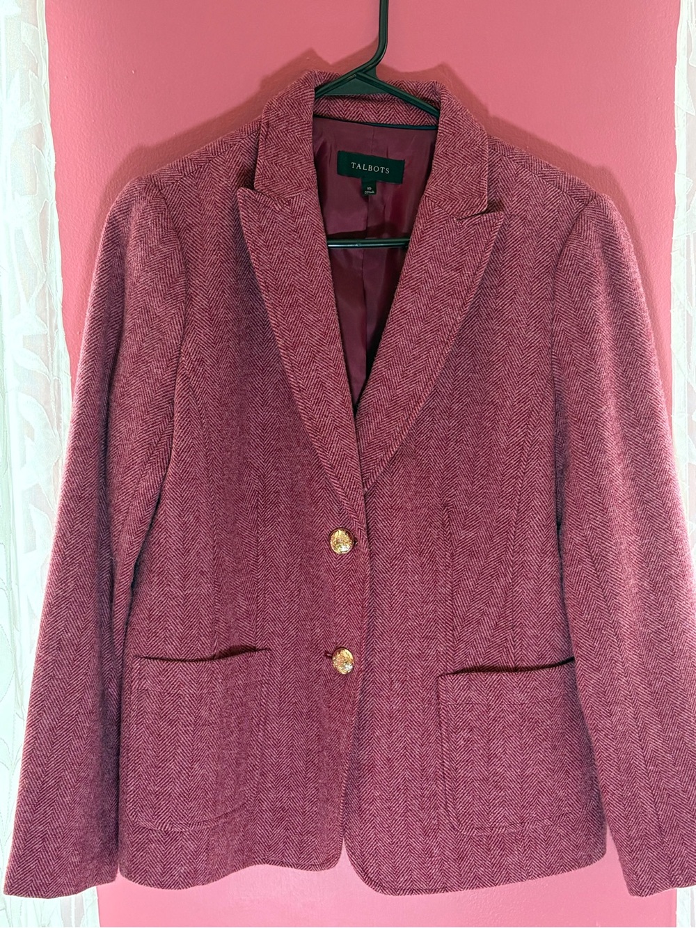Talbots Rose-Pink Herringbone Wool Blazer with Gold Buttons